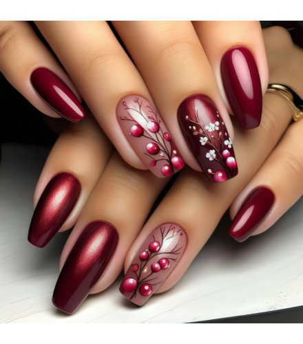 NA088 - Dark Red Flower Manicure Nails